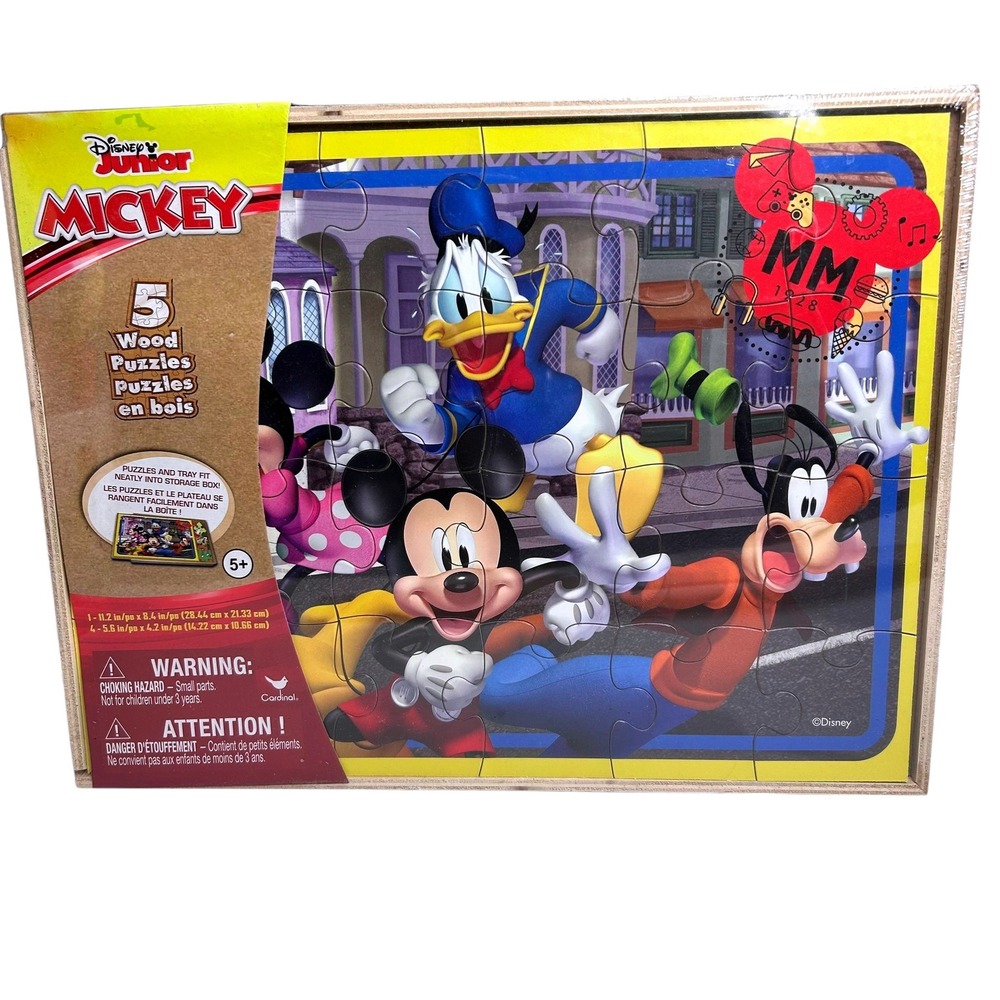 Disney Junior Mickey Mouse‎ 5 Wood Puzzles in Storage Box Set 778988429174 New